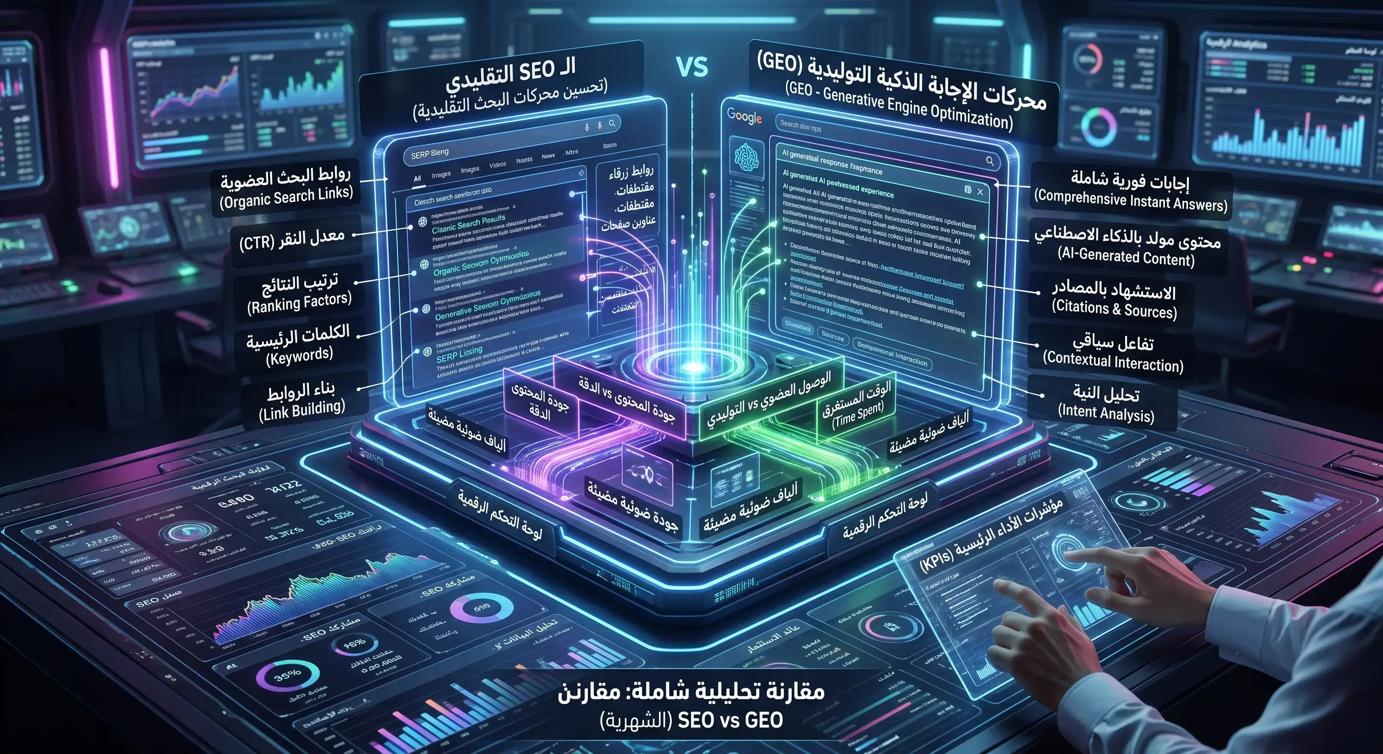 مخطط تحليلي ثلاثي الأبعاد يقارن بين نتائج بحث الـ SEO التقليدي ومحركات الإجابة الذكية التوليدية GEO مع لوحة تحكم رقمية لشركة حربي.